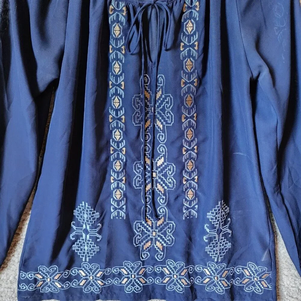 Roper Women's Long Sleeve Semi-Sheer Blouse Top Embroidered Western Blue Size XS